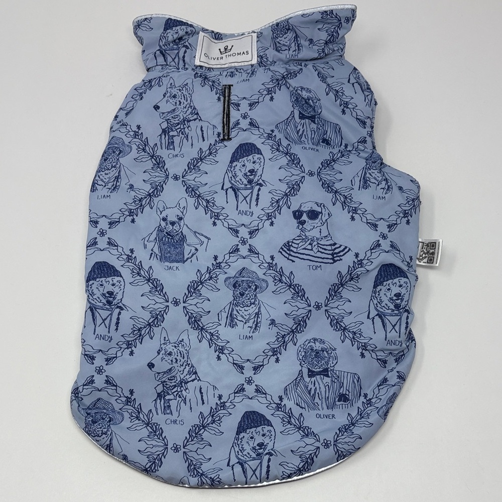 OLIVER THOMAS: Dog Coat Black with Blue Dog Graphics inside. Size Medium